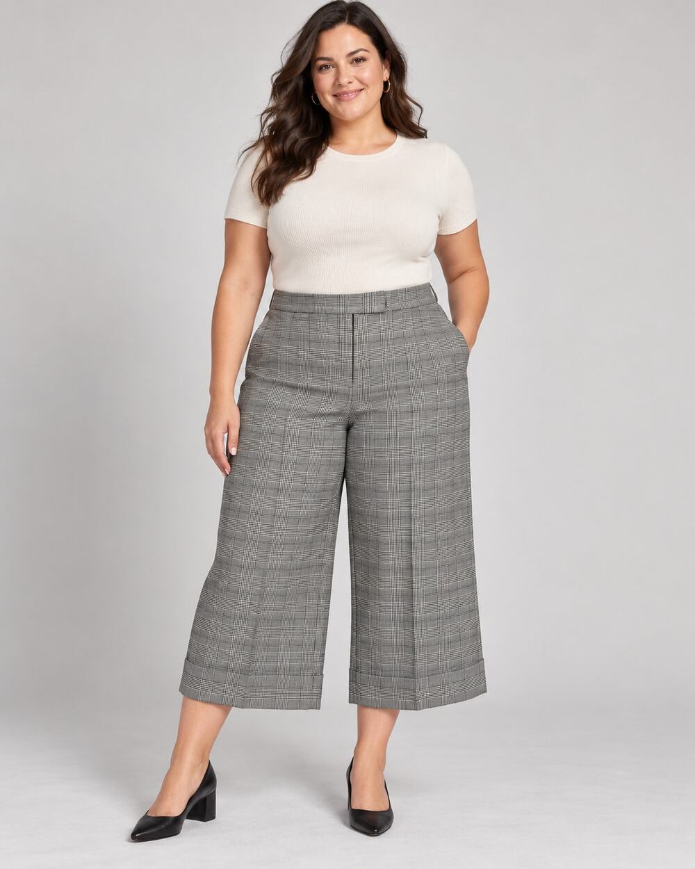 Anne Klein Gray Glen Plaid Wide Leg Crop Pants Stretch Trousers Curvy Size 16W